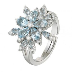 Natural Blue Topaz Flower 925 Sterling Silver Adjustable Ring