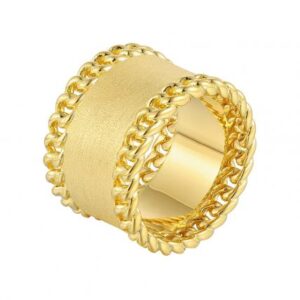 2.5μm Gold Plated Cuban Chain Border 925 Silver Wide Brushed Ring