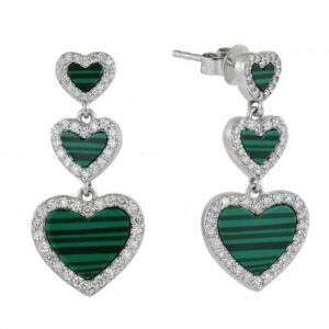925 Sterling Silver Triple Heart Malachite Drop Earrings