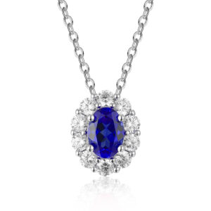 925 sterling silver lab grown blue sapphire halo pendant necklace, wholesale fine gemstone jewelry OEM ODM