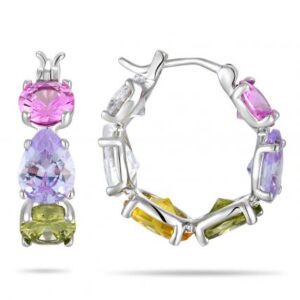Silver Multi Shape Multi-Color Stone Huggie Hoop Earrings