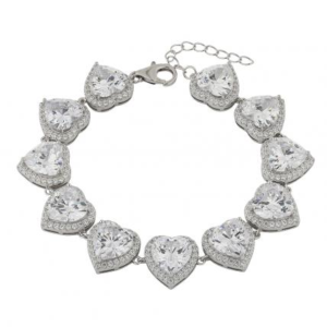 Halo Paved Heart Moissanite Silver Tennis Bracelet
